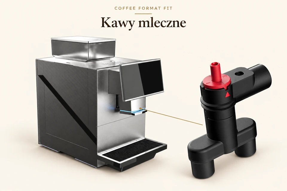 Coffee Format FIT i powiększony spieniacz mleka z czerwonym pokrętłem regulacji