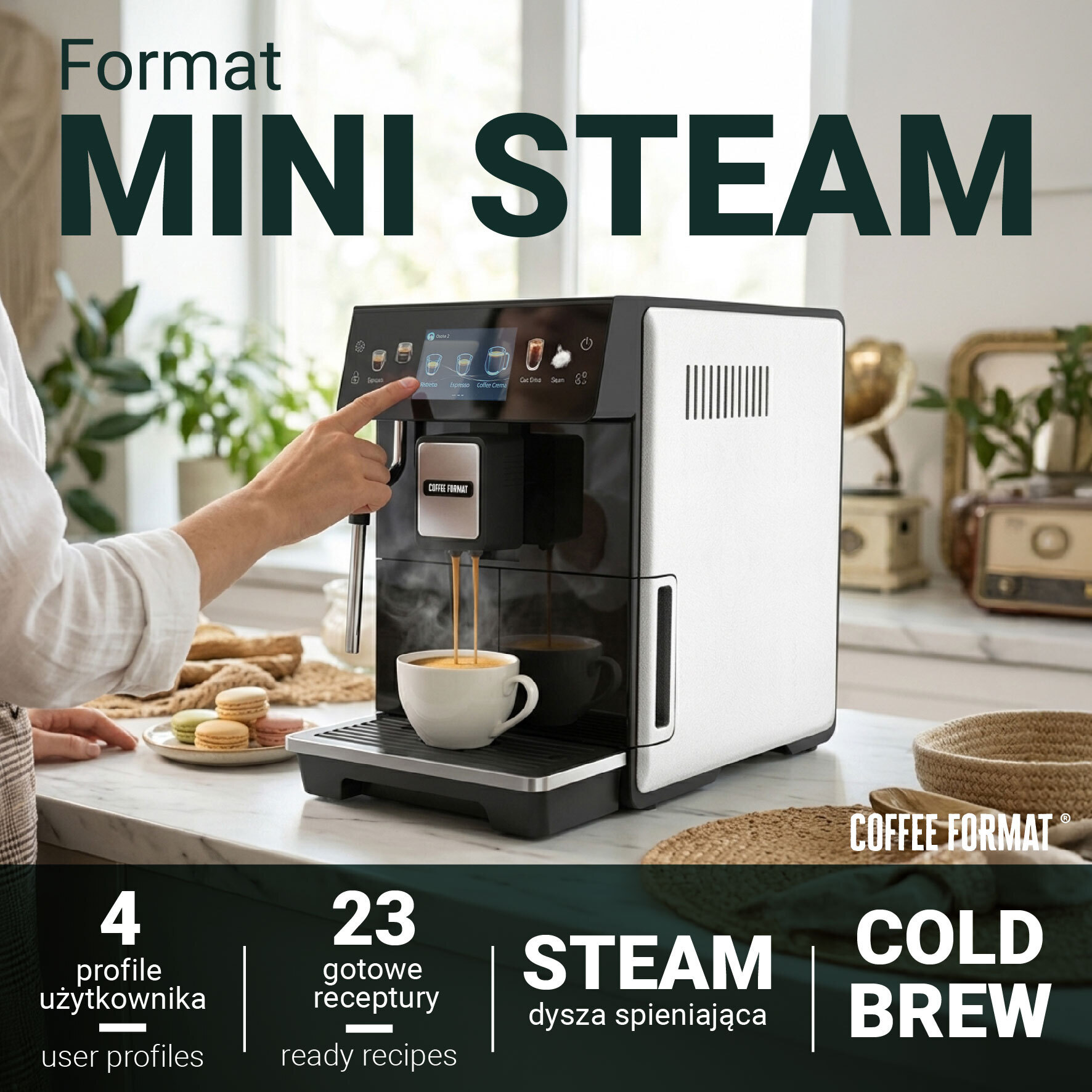 Coffee Format MINI STEAM White w kuchni — ilustracja producenta